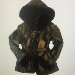 Black Faux Leather Hooded Coat with Fur Trim